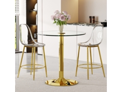 Juego De Bar Con Mesa De Cristal (89 Cm) Y 2 Taburetes De Bar Transparentes Dorados.