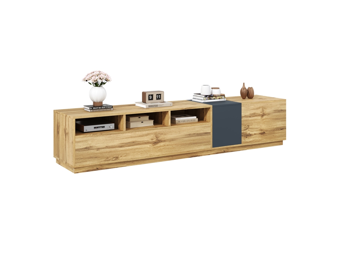 Mueble De Tv Moderno De 200 Cm Con Huecos Abiertos En Contraste Y Sistema De Gestión De Cables.