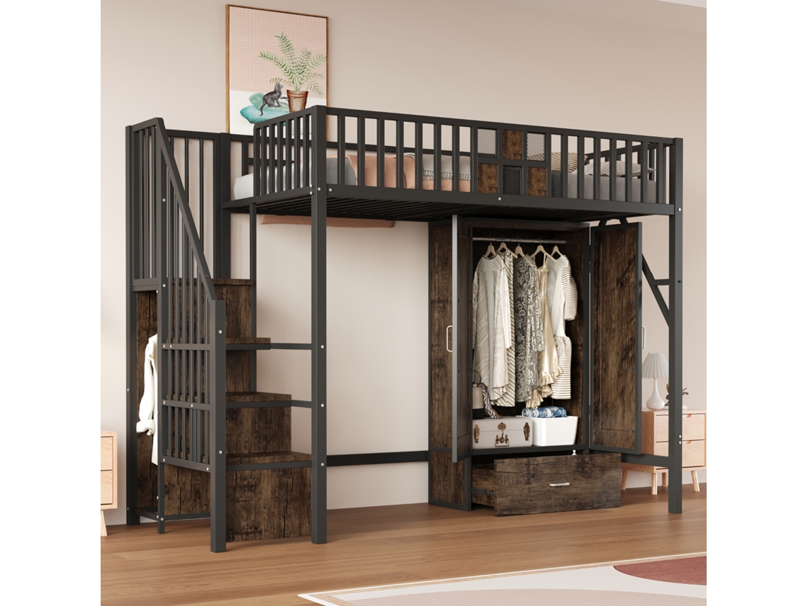 Cama Alta De 90x200 Cm, Armario De Metal Y Madera Negro Con Cajones Y Escalera.