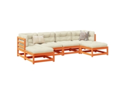 Conjunto de sofá de jardín con cojines, pino macizo, marrón encerado, DKD Home Decor