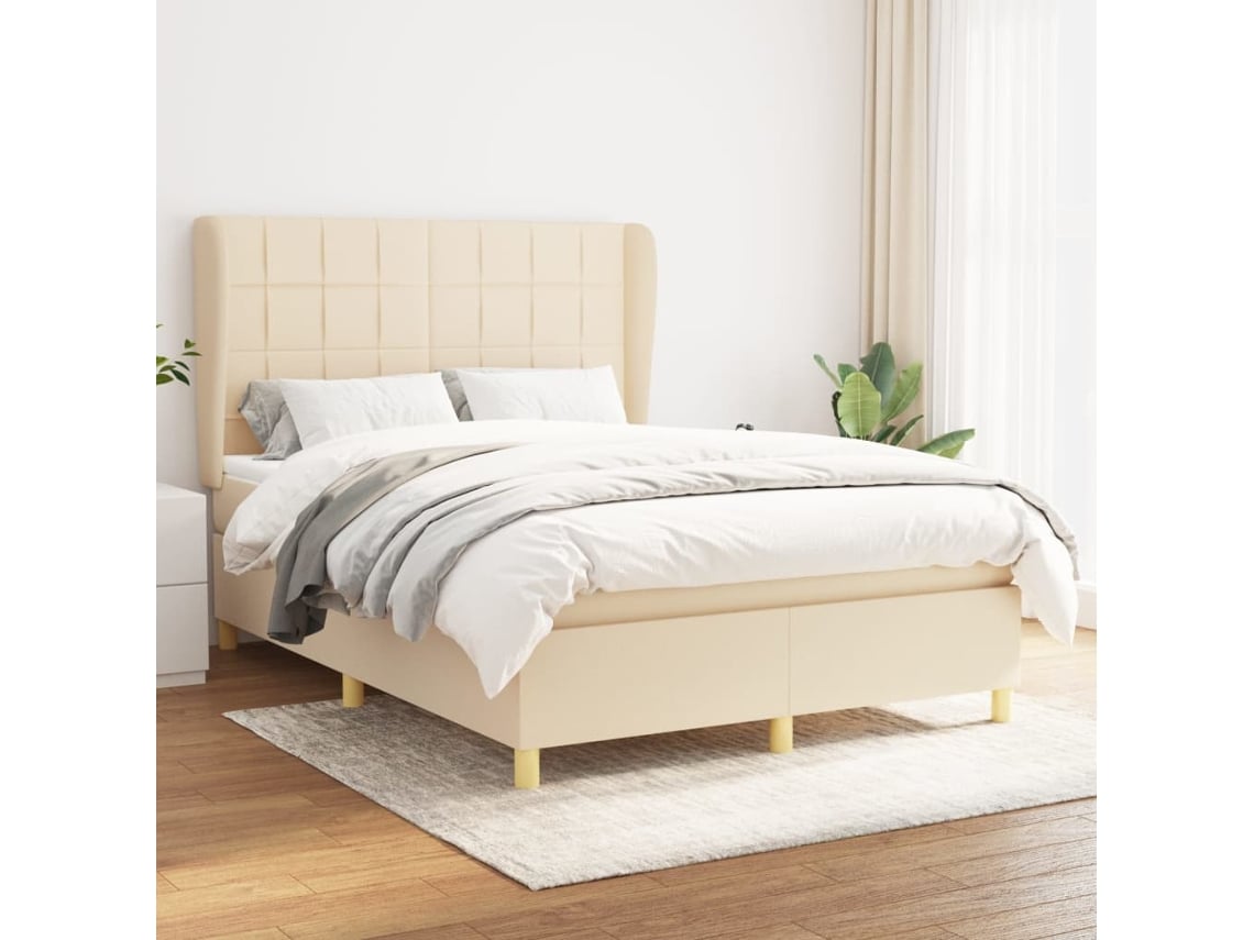 Cama Box Spring Con Colchón Tela Color Crema 140x190 Cm