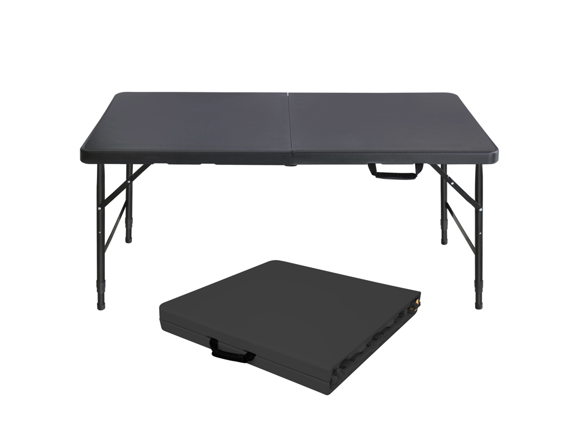 Mesa plegable portátil reforzada de 125 cm con asas, altura ajustable y capacidad de carga de 135 kg (negra)
