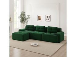 Sofá modular de 3 plazas en L, modelo Cloud, con puf y tapizado de pana, automontable, color verde, MOBRIO