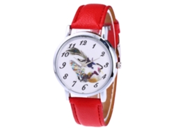 Reloj Unisex Para Parejas Con Correa De Pu, Estampado De Plumas, Esfera Redonda Y Movimiento De Cuarzo (rojo).