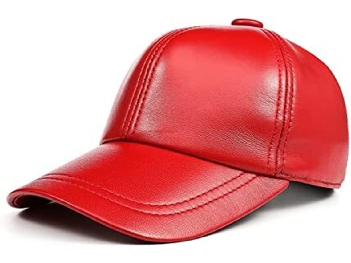 Casquette De Baseball En Cuir Véritable Rouge Uni Réglable Unisexe Homme Et Femme – Plate