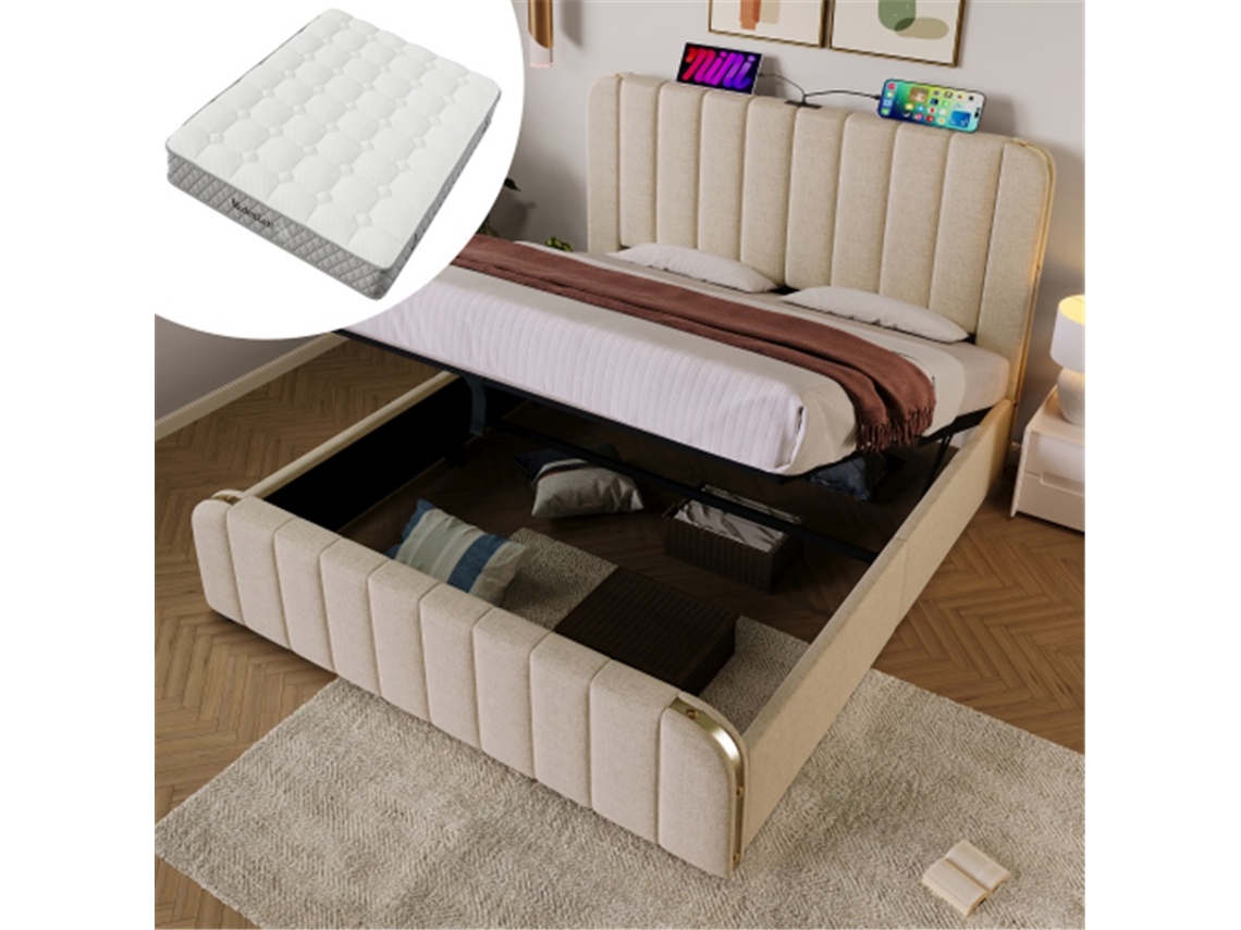Cama Tapizada De 180x200 Cm Con Cabecero Dorado, Sistema Hidráulico Usb-c Y Colchón De Lino Beige.