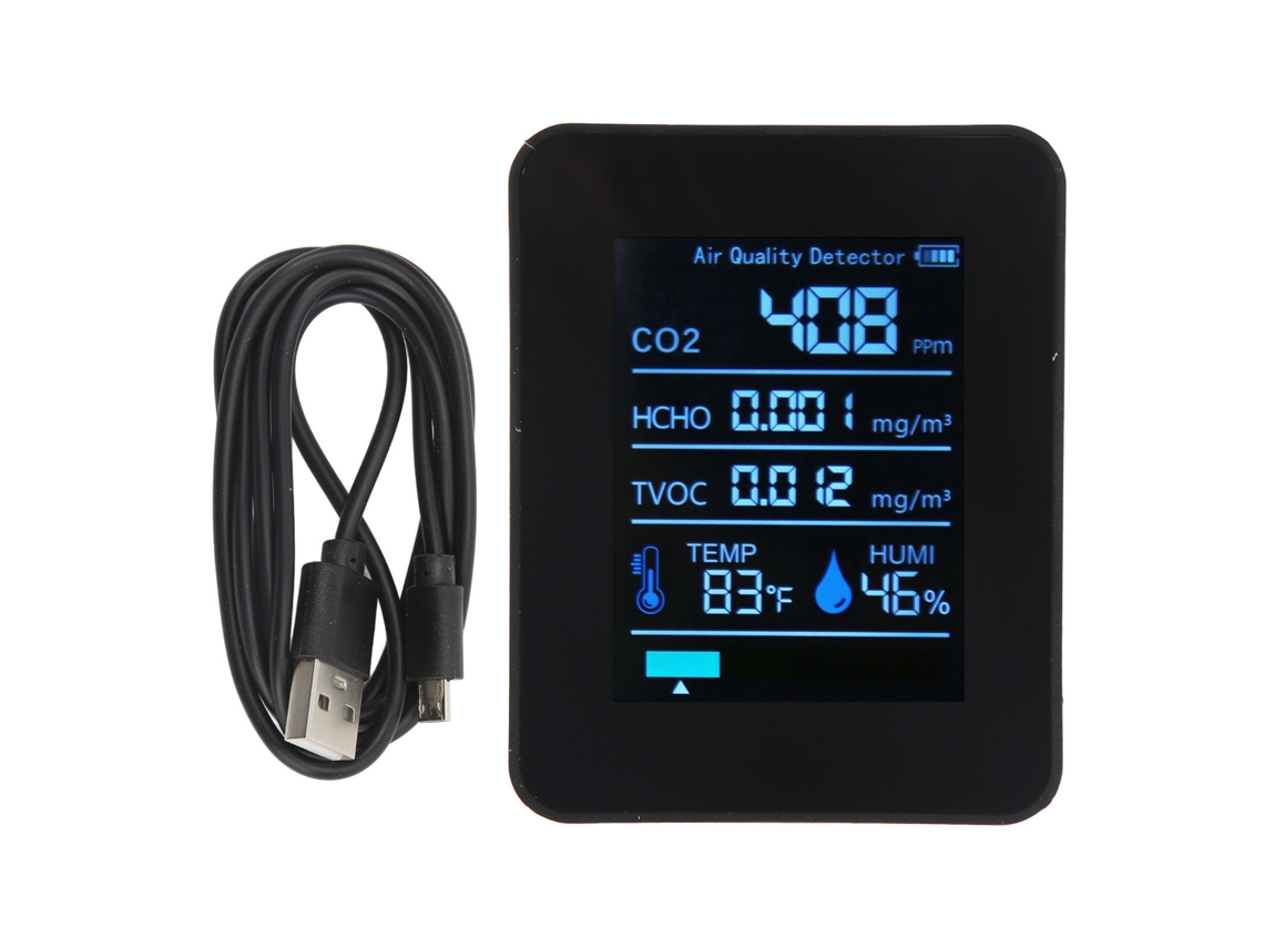 Detector portátil de calidad del aire 5 en 1: CO2, COVT, HCHO, temperatura, humedad.