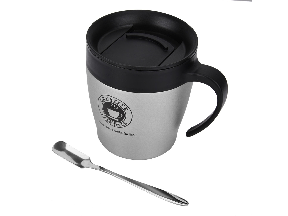 Taza térmica de acero inoxidable con cuchara y tapa para viajes de oficina (plateada)