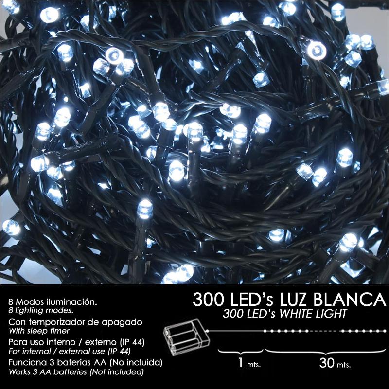 Luces Navidad A pilas 300 leds luz blanca interior exterior ip44