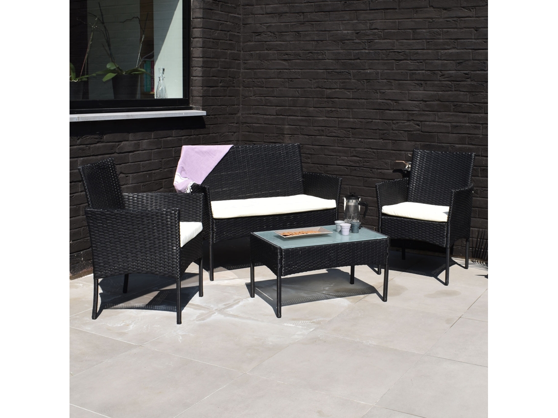 Conjunto De Jardín Corfou De Resina Trenzada Negra 4 Asientos - Cojines Beige