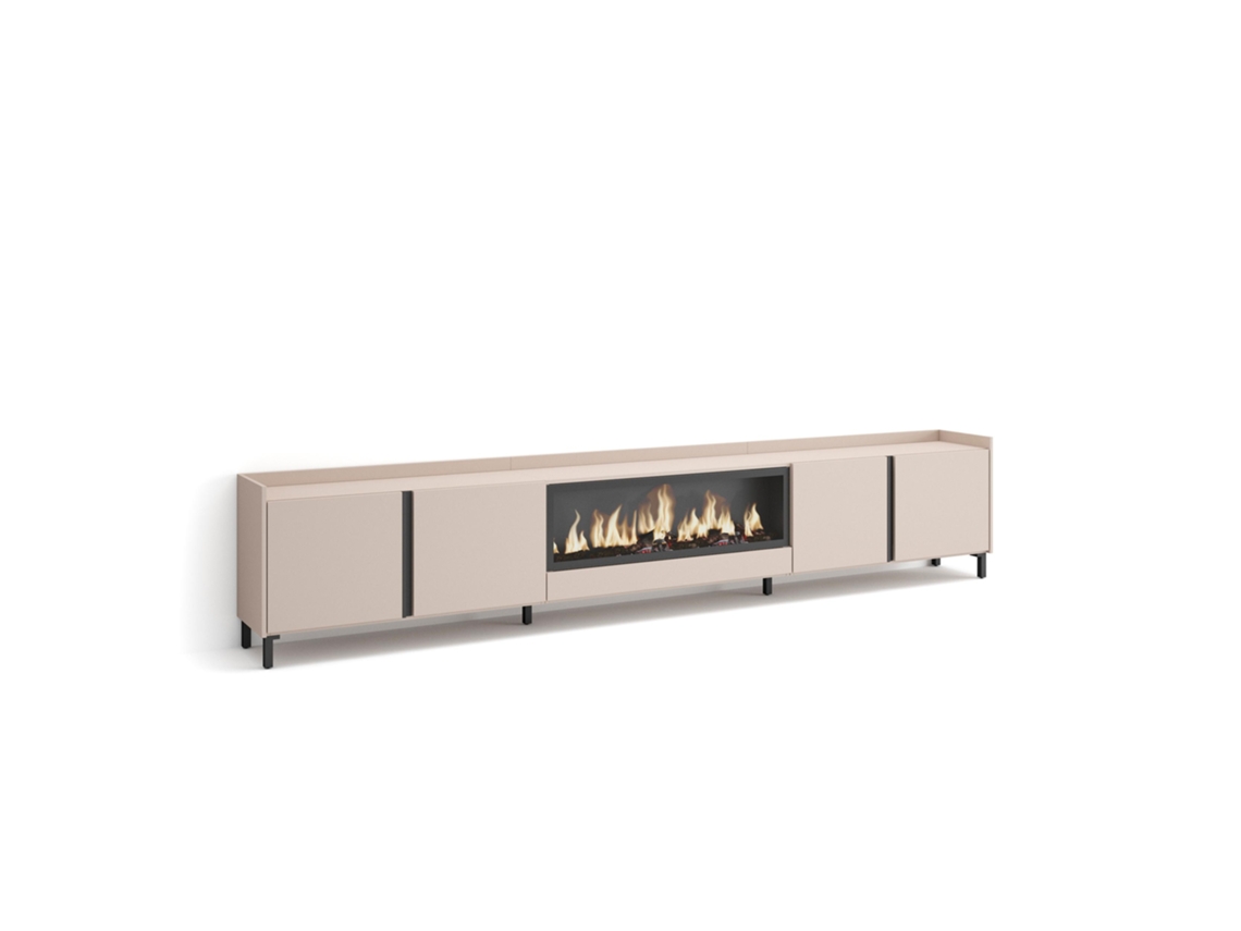 Mueble Tv, Televisión, 315x35x61cm, Para Tv Hasta 80", Chimenea Eléctrica Xxl, Diseño Industrial, Beige