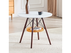 Mesa Redonda De 80 Cm, Mdf Blanco, Patas De Nogal, Cesta Tejida, 2-4 Personas.