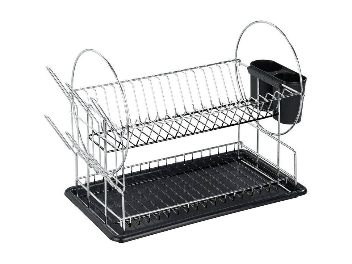 Porta Platos Organizador De Cocina Con Bandeja De Cubiertos Y Soporte De Platos, Metal, 42.5*36*23cm, Plata/negro