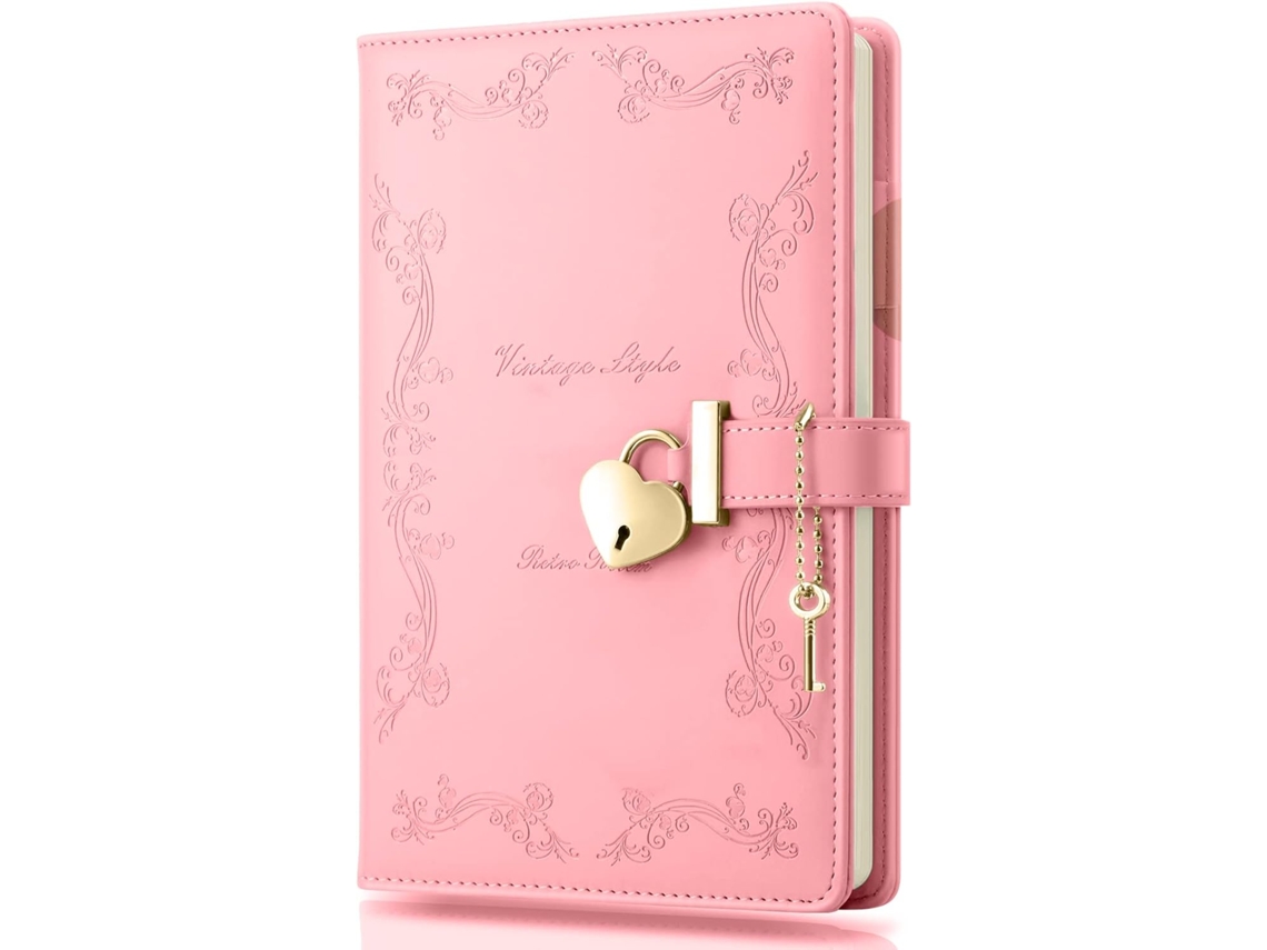 Diario de mujer con candado, cuaderno vintage A5 de piel sintética, color rosa Gertiz (180 hojas)