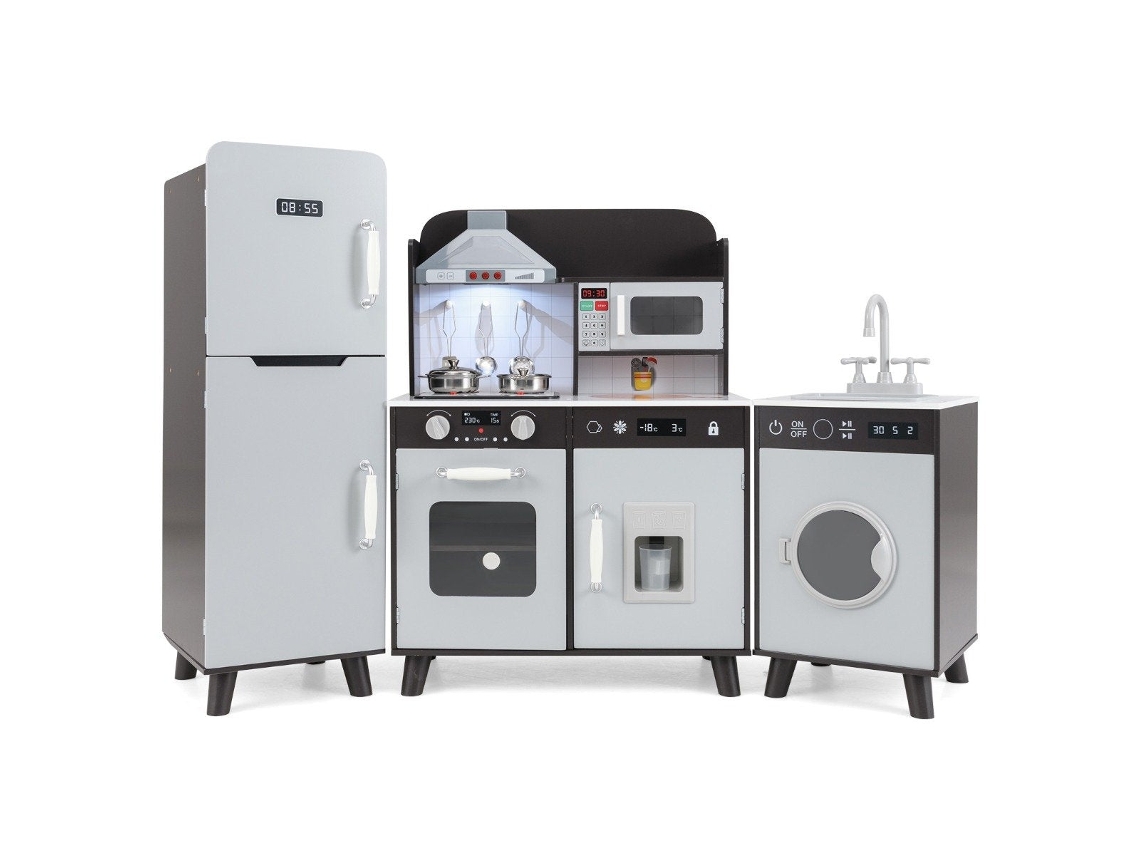 Conjunto De Cozinha De Madeira Para Crianças Com Geladeira E Máquina De Lavar
