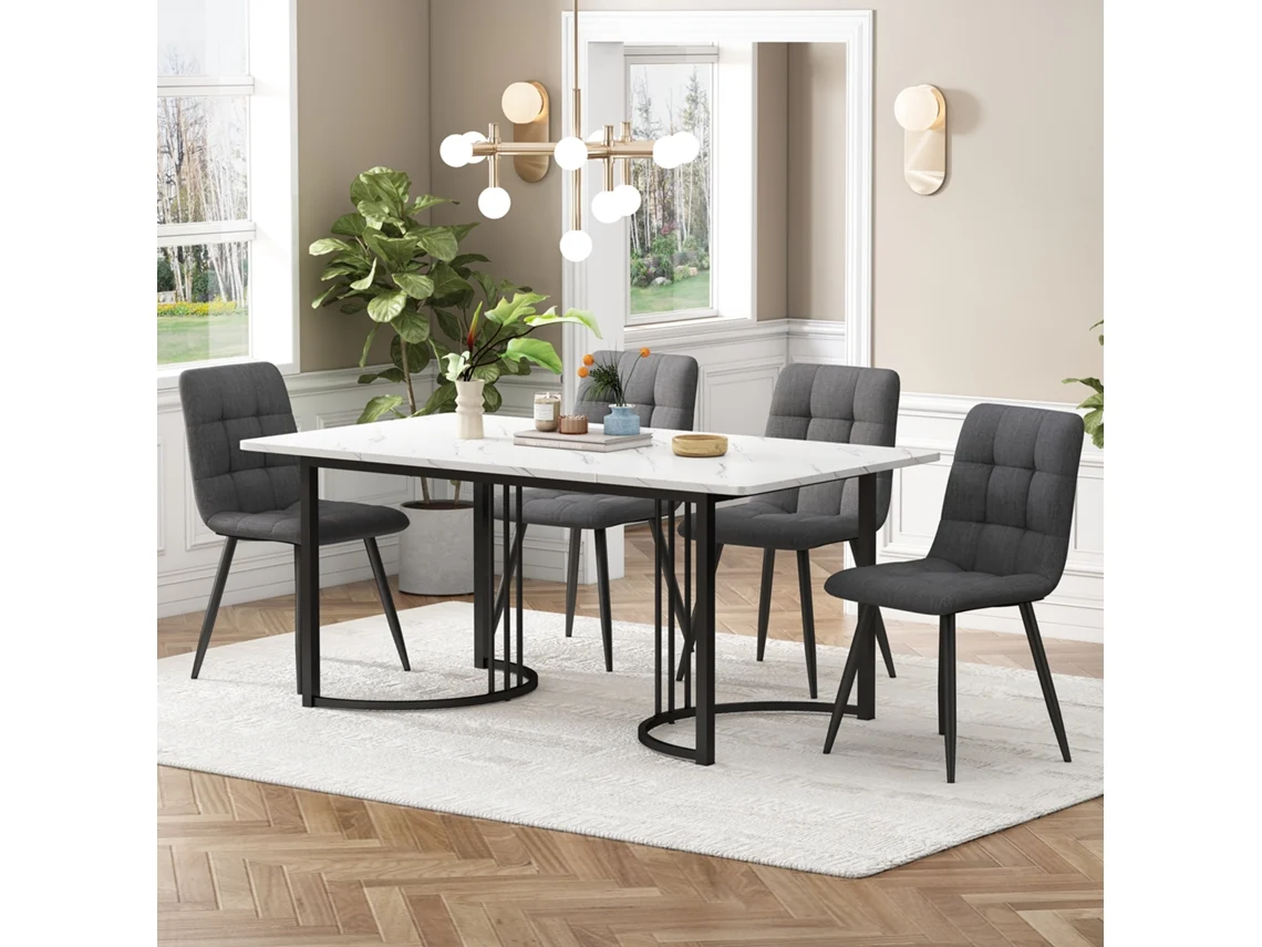 Conjunto Comedor 5 Piezas 140x80 Cm - Mesa Con 4 Sillas, Patas Metálicas Negras, Tablero Mdf Blanco, Sillas Lino Gris Oscuro