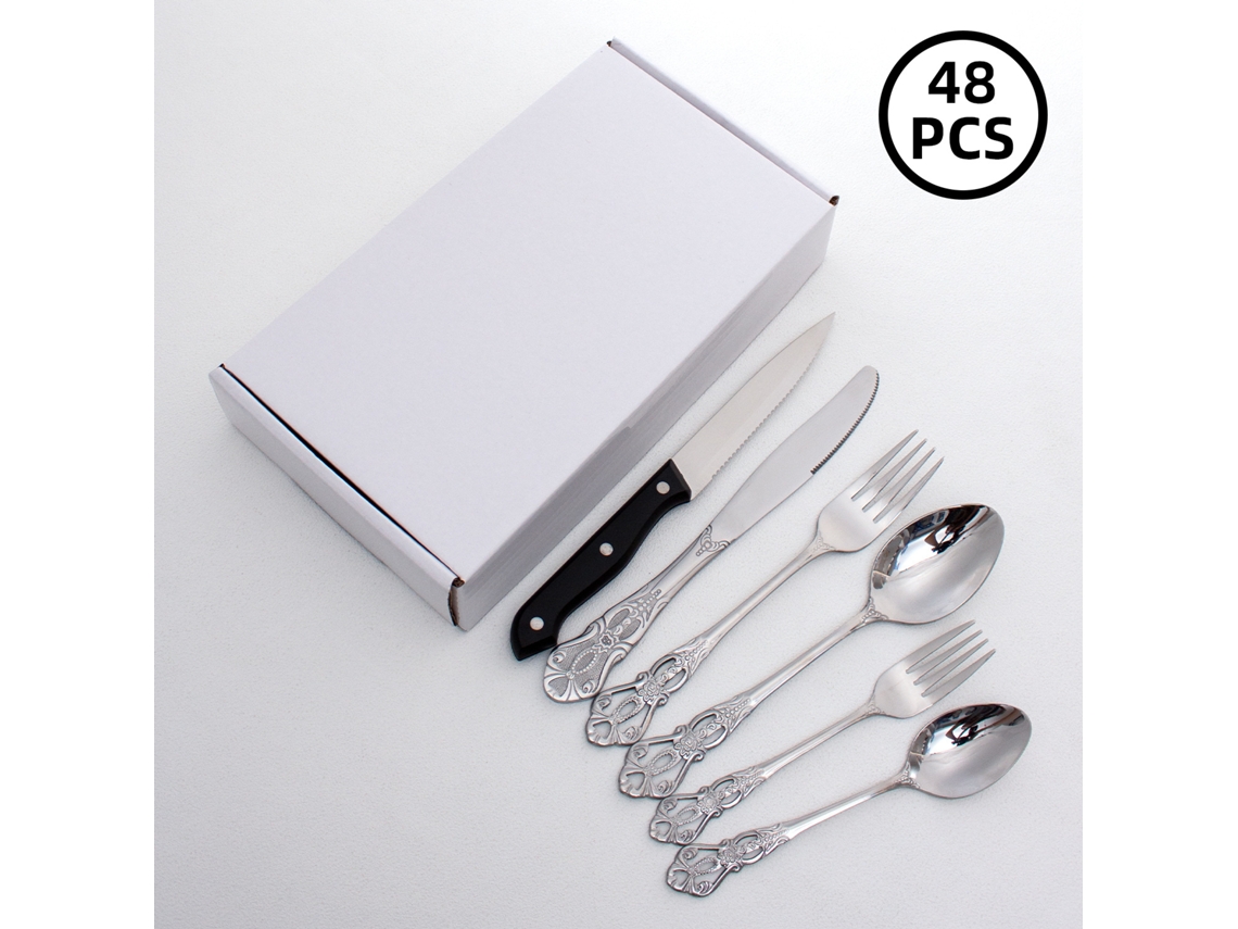 Vajilla plateada MDUG de 48 piezas con cubiertos y cucharas de acero inoxidable con diseño en relieve