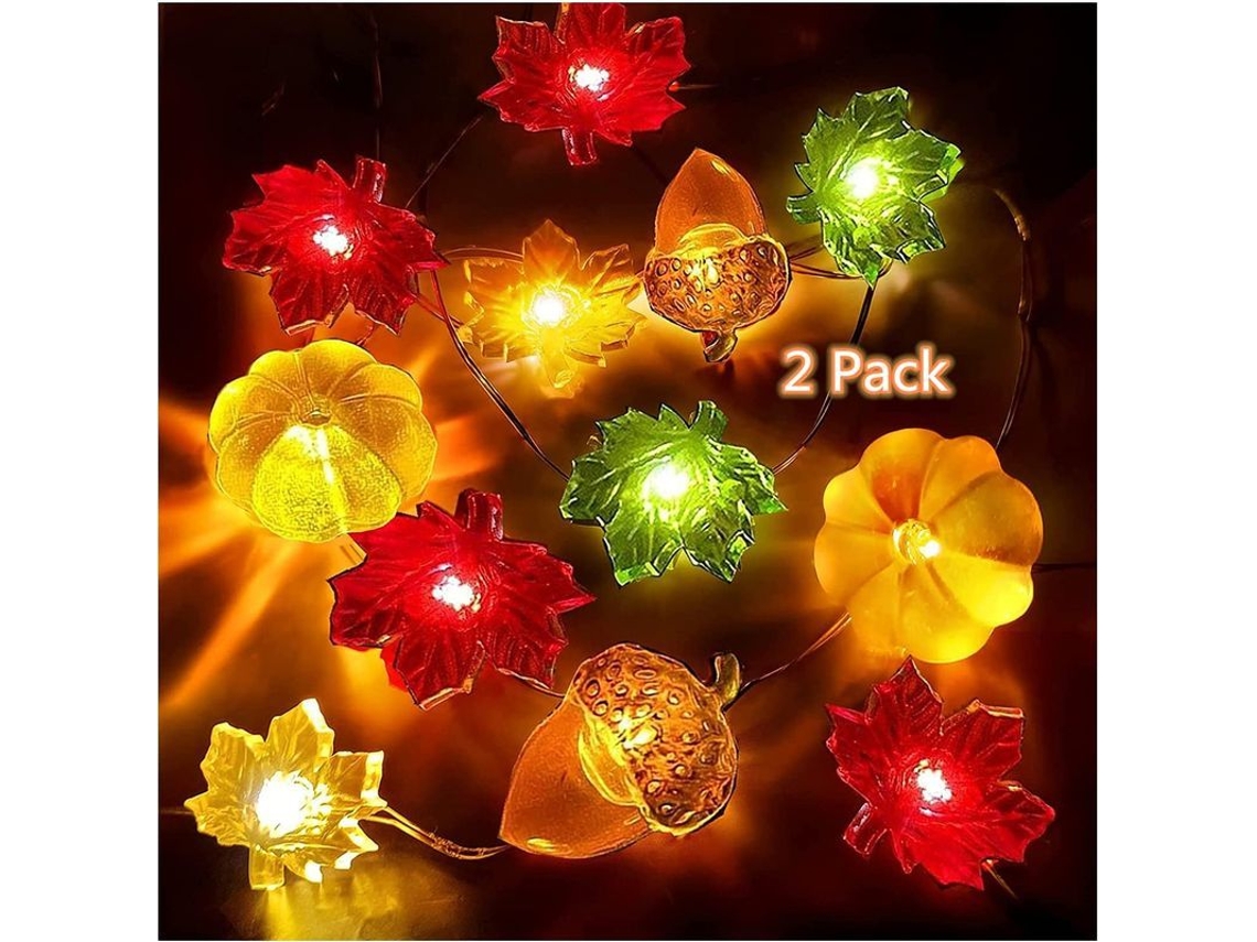 Luces Decorativas De Otoño, Paquete De 2, 30 Luces, 3 Metros, Funcionan Con Pilas. Diseños De Calabaza, Hoja De Arce Y Bellota.