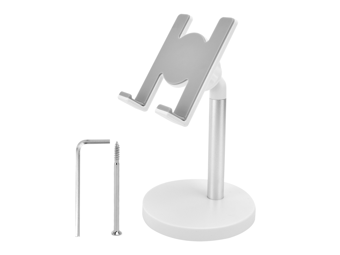 Soporte de mesa ajustable de aluminio plateado para teléfonos móviles y tabletas.