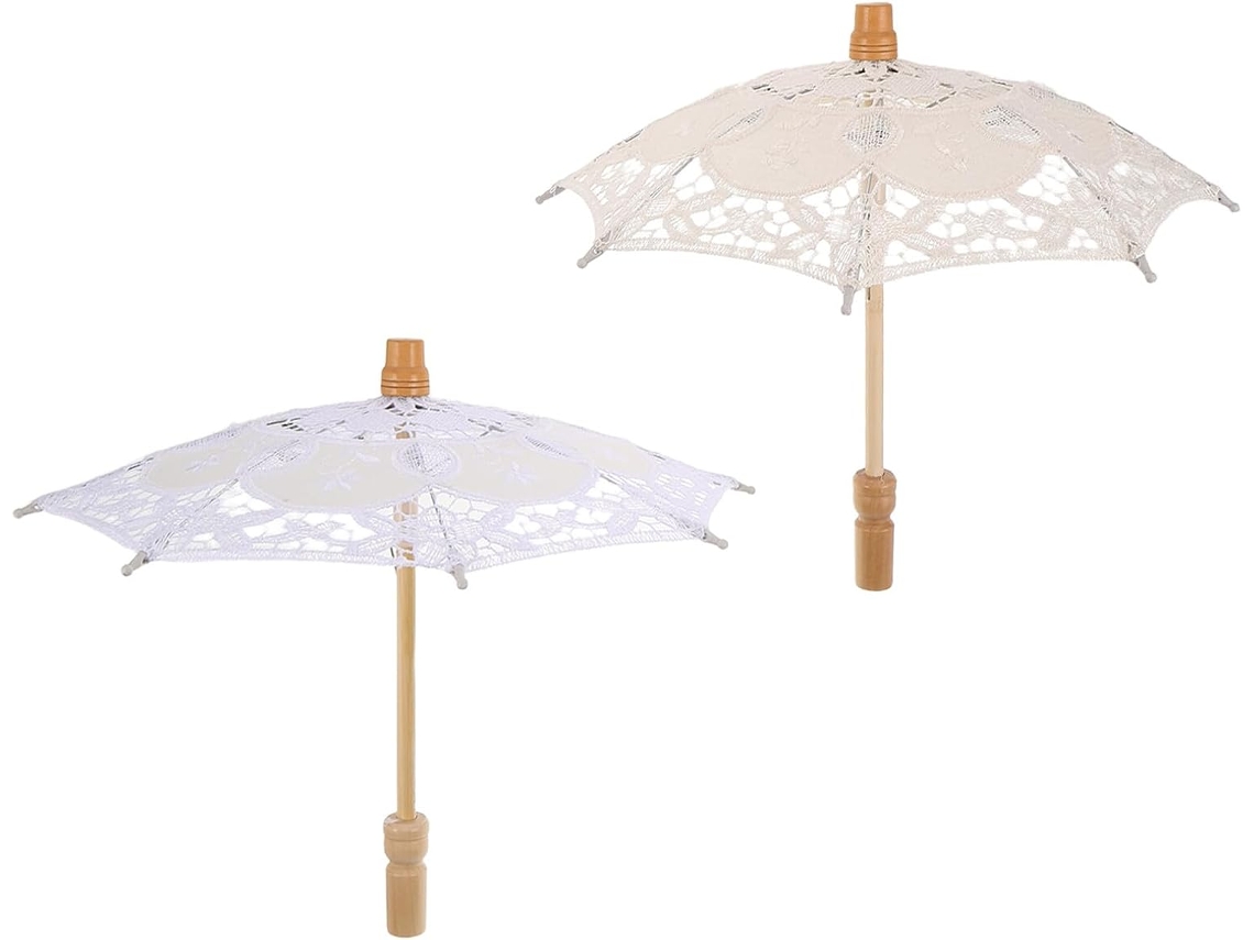 Juego De 2 Mini Sombrillas, Encaje Blanco Y Beige, 29 Cm De Diámetro Con Mango De 26 Cm.