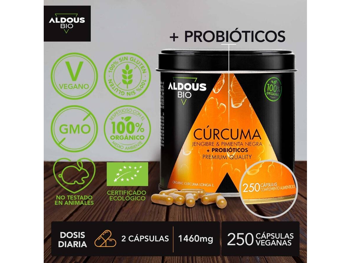 Complemento Alimentar ALDOUS BIO Cúrcuma Con Jengibre Y Pimienta Negra Con  Probióticos (250 cápsulas)