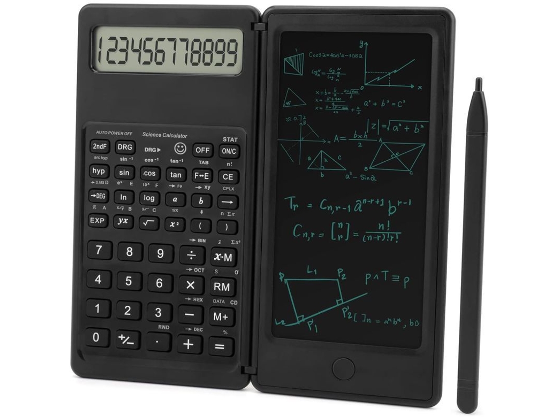 Calculadora Científica Delgada Con Bloc De Notas Borrable Y Pantalla Lcd De 12 Dígitos Para Matemáticas, Física, Geometría Y Uso De Oficina (negra).