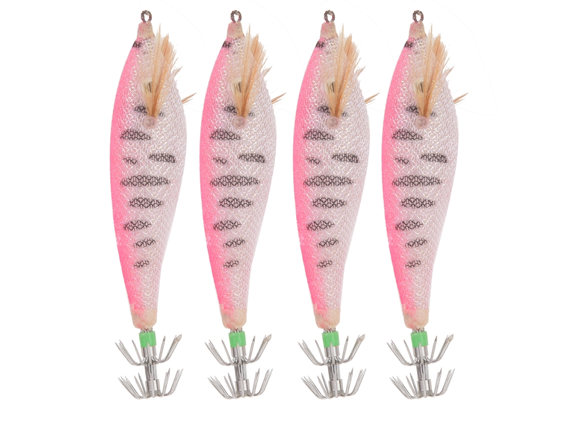 Juego De 4 Señuelos De Pesca Artificiales Con Anzuelo Doble Para Calamar Y Ranura Para Barra Luminosa Rosa.