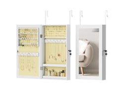 Espejo joyero de pared con compartimentos y puerta, forro blanco crema.