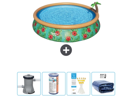 Piscina Hinchable Redonda Fast Set BESTWAY - Estampado Paraíso - 457 x 84 cm - Bomba Incluida Filtrar - Tiras de prueba - Vela solar