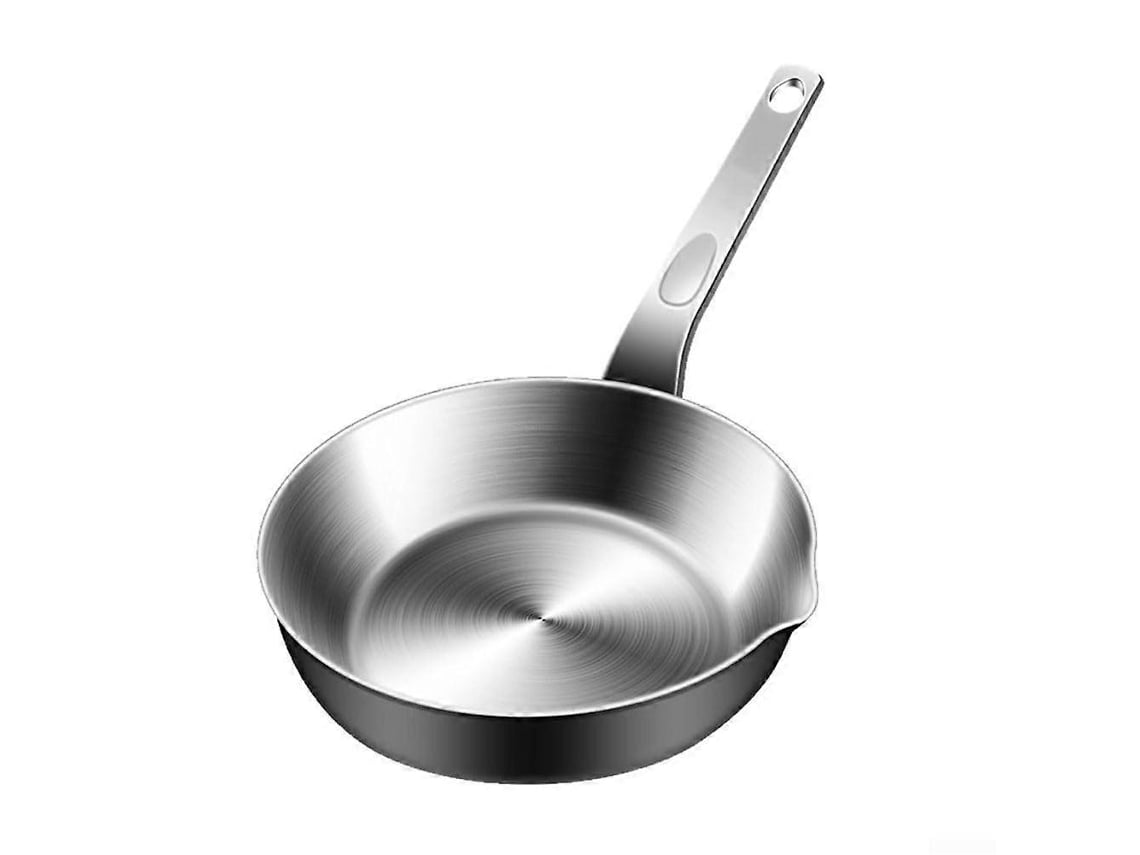 Sartén pequeña para tortillas de acero inoxidable 316 con pico vertedor, ideal para derretir mantequilla y preparar huevos. Compatible con cocinas de gas e inducción.