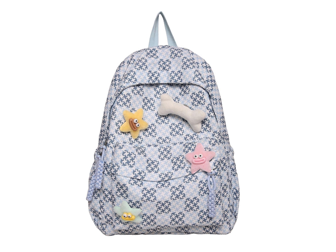 Mochila moderna para mujer en nylon con estampado de cuadros, espaciosa y funcional, ideal para el colegio y el día a día. Color azul.