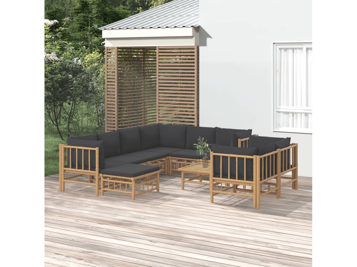 Conjunto de 10 piezas. Lounge De Jardim Bambu C/ Almofadões Cinza Escuros Dkd Decoración Del Hogar