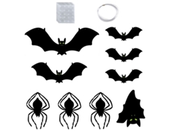 Plato de plástico PP reutilizable para decoración de Halloween con murciélagos, ojos que brillan en la oscuridad y murciélagos negros en varios tamaños.