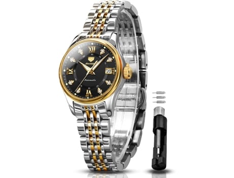 VEANXIN Reloj mecánico delgado impermeable de acero inoxidable dorado y plateado automático para mujer(Oro y plata)