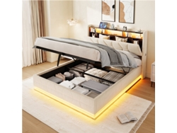 Cama Multifuncional De 140x200 Cm Con Estantes Led, Cabecero Con Conexión Usb-c Y Espacio De Almacenamiento, Soporta Hasta 300 Kg, Color Beige.