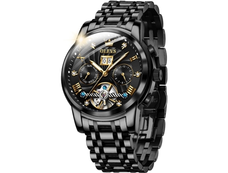 VEANXIN Reloj automático para hombre con calendario, acero inoxidable, luminoso, resistente al agua(negro)