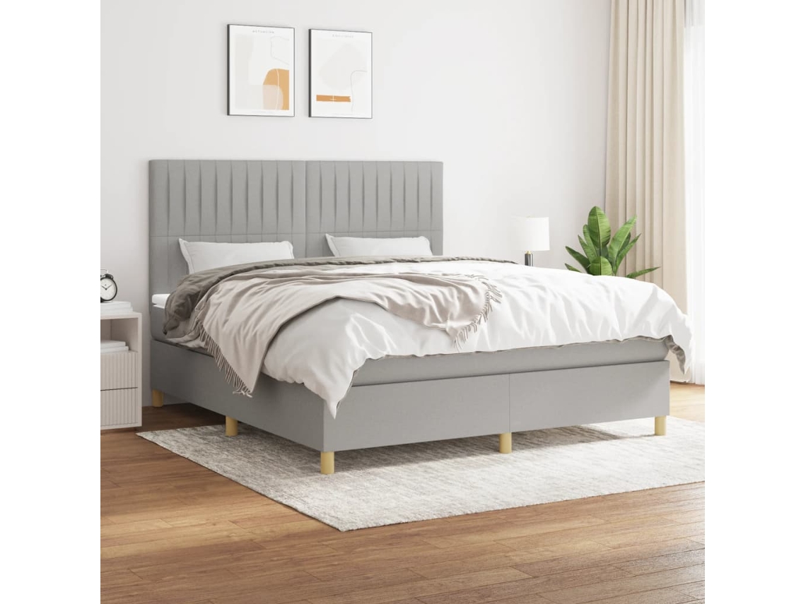 Cama Box Spring Con Colchón Tela Gris Claro 180x200 Cm
