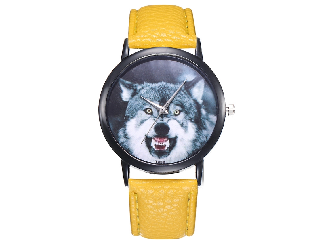 Reloj De Pulsera Analógico Ultrafino Para Hombre Con Esfera Con Cabeza De Animal Y Correa De Pu Amarilla.