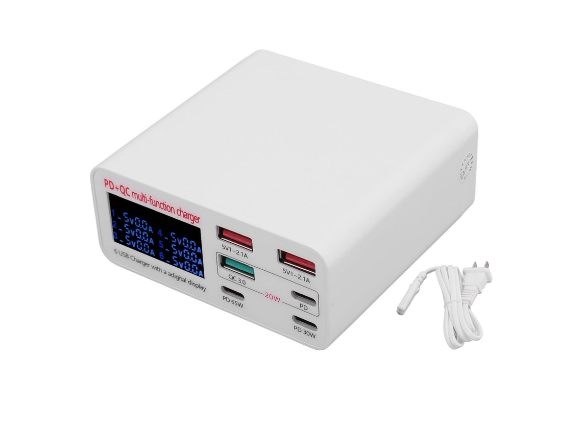 Estación de carga rápida USB Aetheria de 100 W y 6 puertos PD 65 W QC3.0 con pantalla digital y enchufe estadounidense.