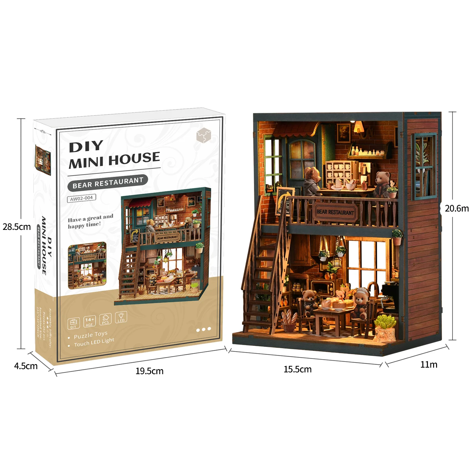 Casa De Muñecas De Madera Para Armar, Modelo De Restaurante Con Un Lindo Oso, Modelo En Miniatura