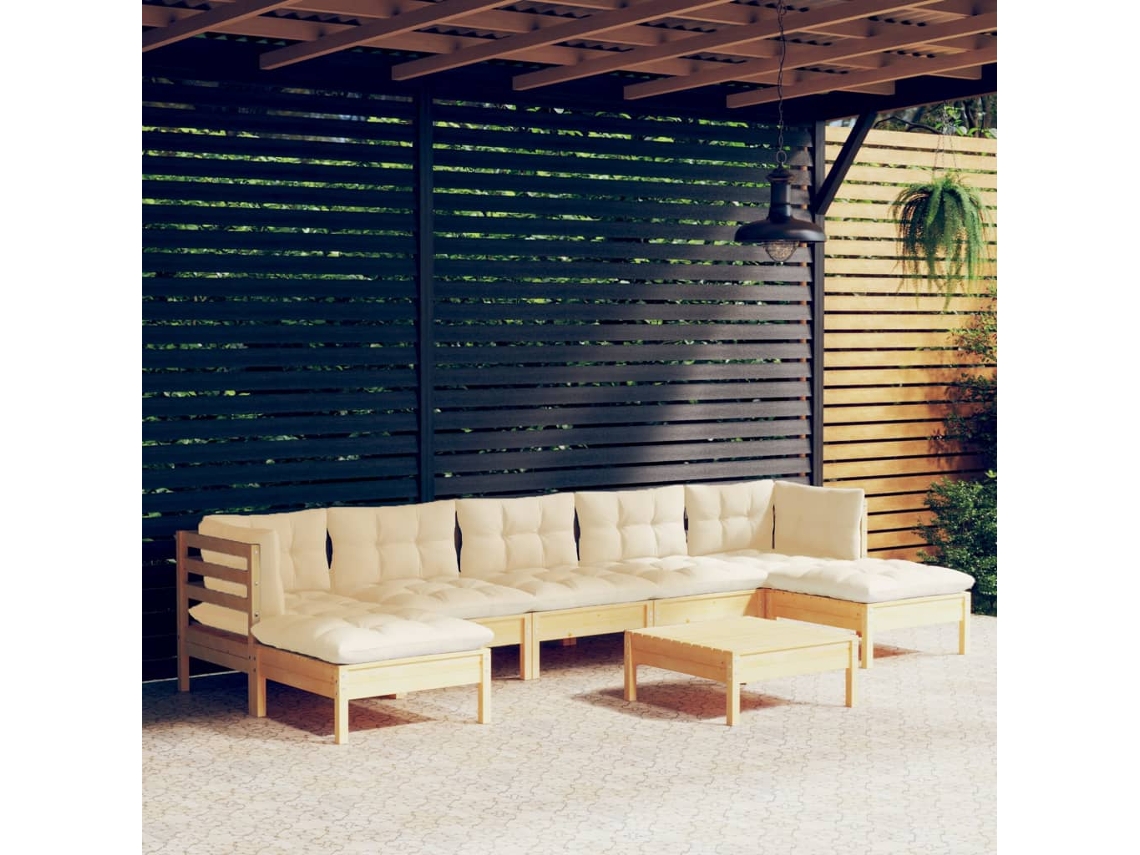 Pcs Conjunto Lounge Jardim C/ Almofadões Cor Creme Pinho Dkd Home Decor