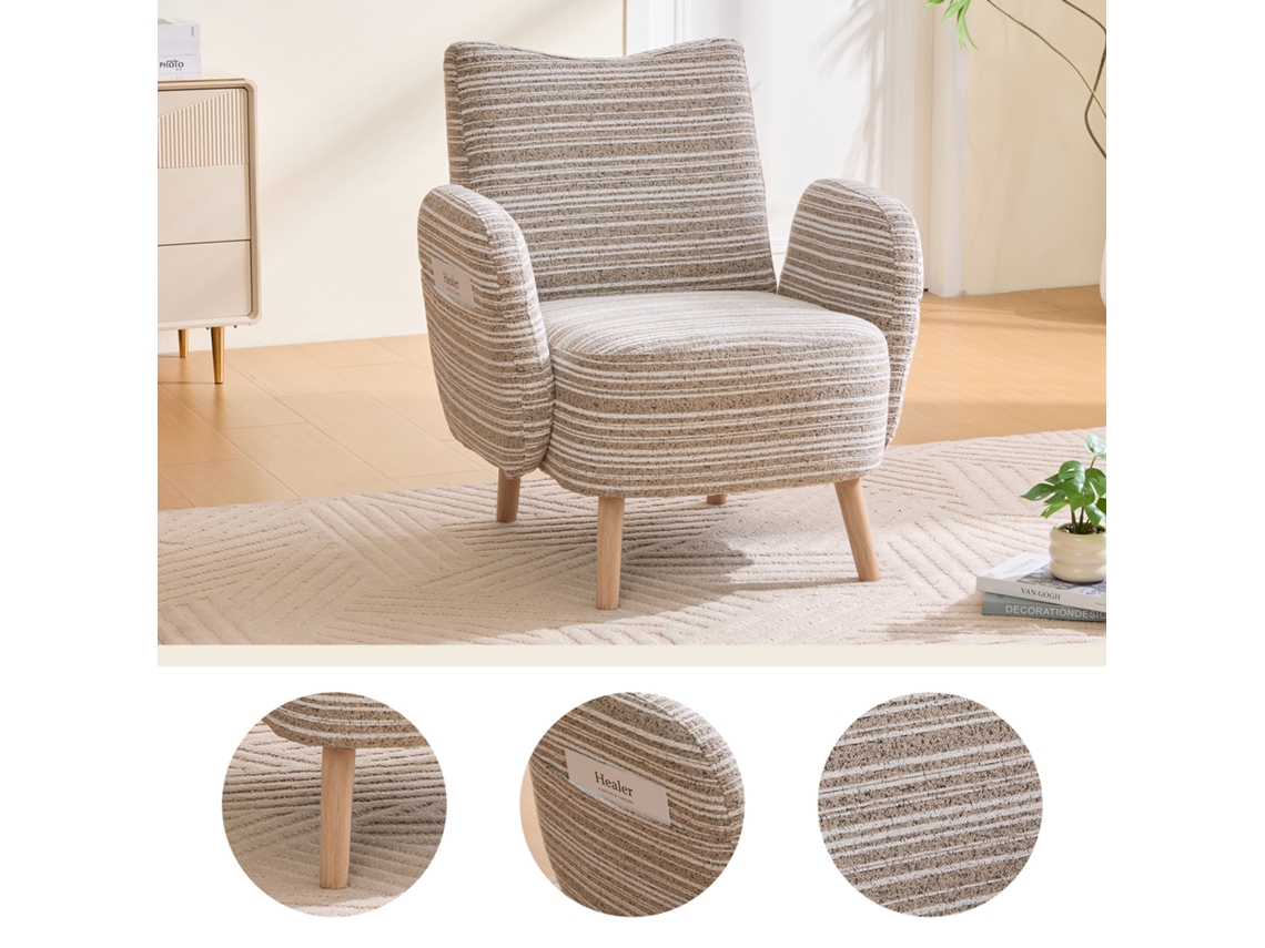 Sillón individual de 77x81 cm - Tela con estampado circular, bolsillo lateral, patas de madera maciza - Caqui
