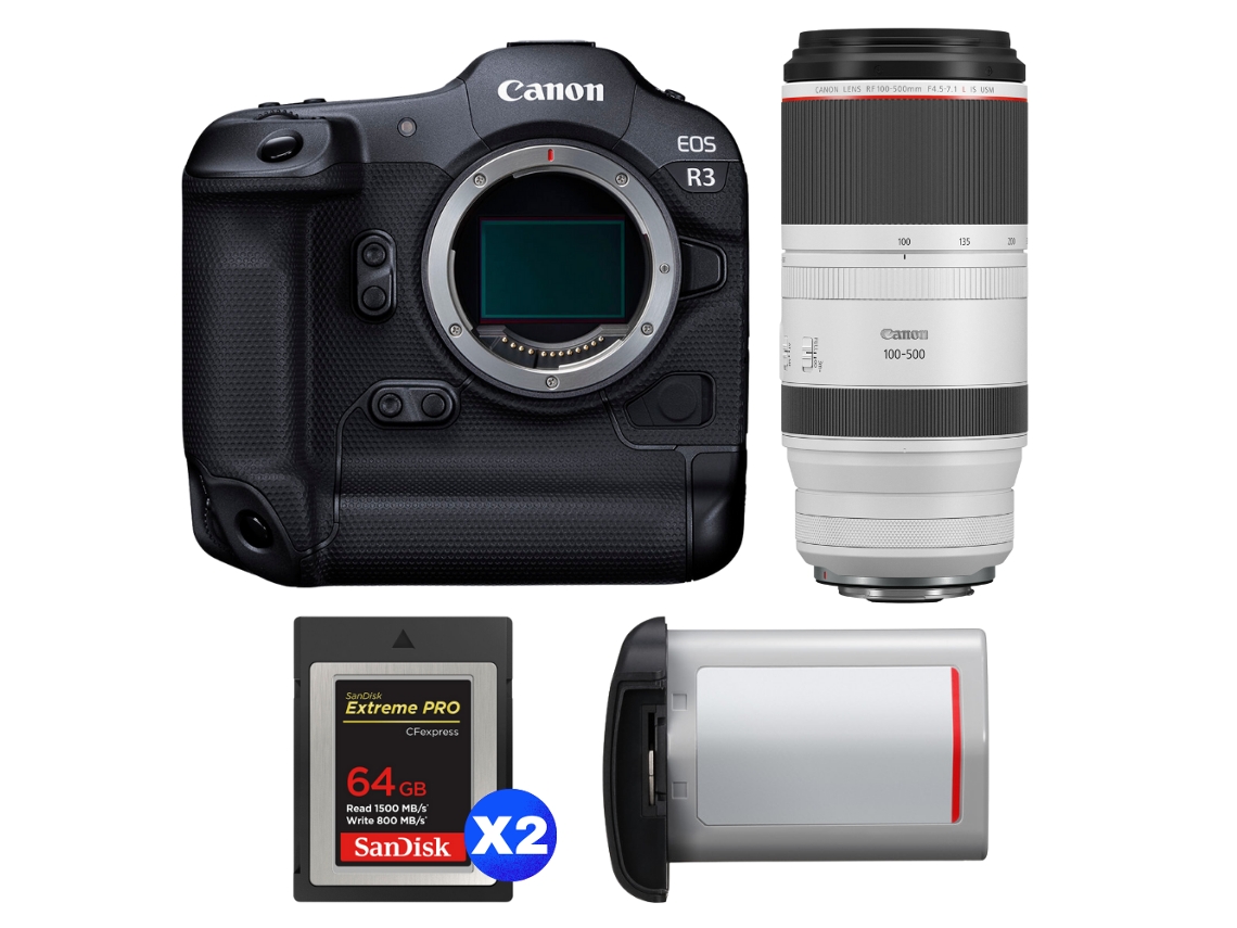 EOS R3 + RF 100 500mm F/4.5 7.1 L IS USM + 2 tarjetas Sandisk Extreme Pro de 64 GB Cfexpress Tipo B + Canon LP E19 + Libro electrónico Pricedirect CANON