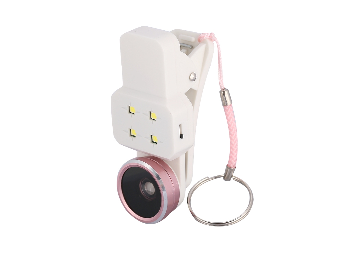 Lente Micro De Angulo Amplio Fisheye De Clip 4 En 1 Con Luz De Relleno Led Para Selfie Para Smartphone Rosa