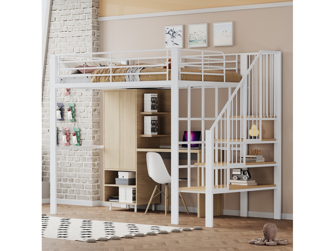 Cama Alta De 140x200 Con Escalera Y Espacio De Almacenamiento Optimizado.