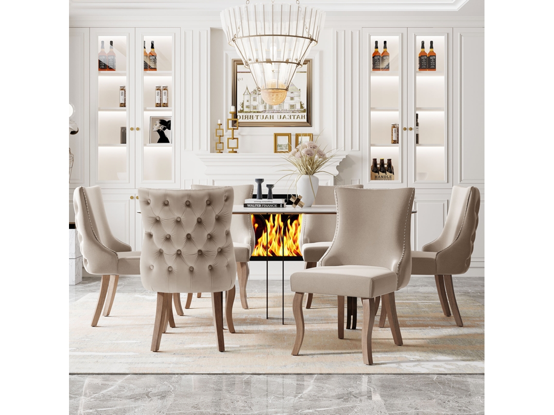 Silla De Comedor Con Botones, Respaldo, 6 Piezas, Tachuelas, Terciopelo Beige.