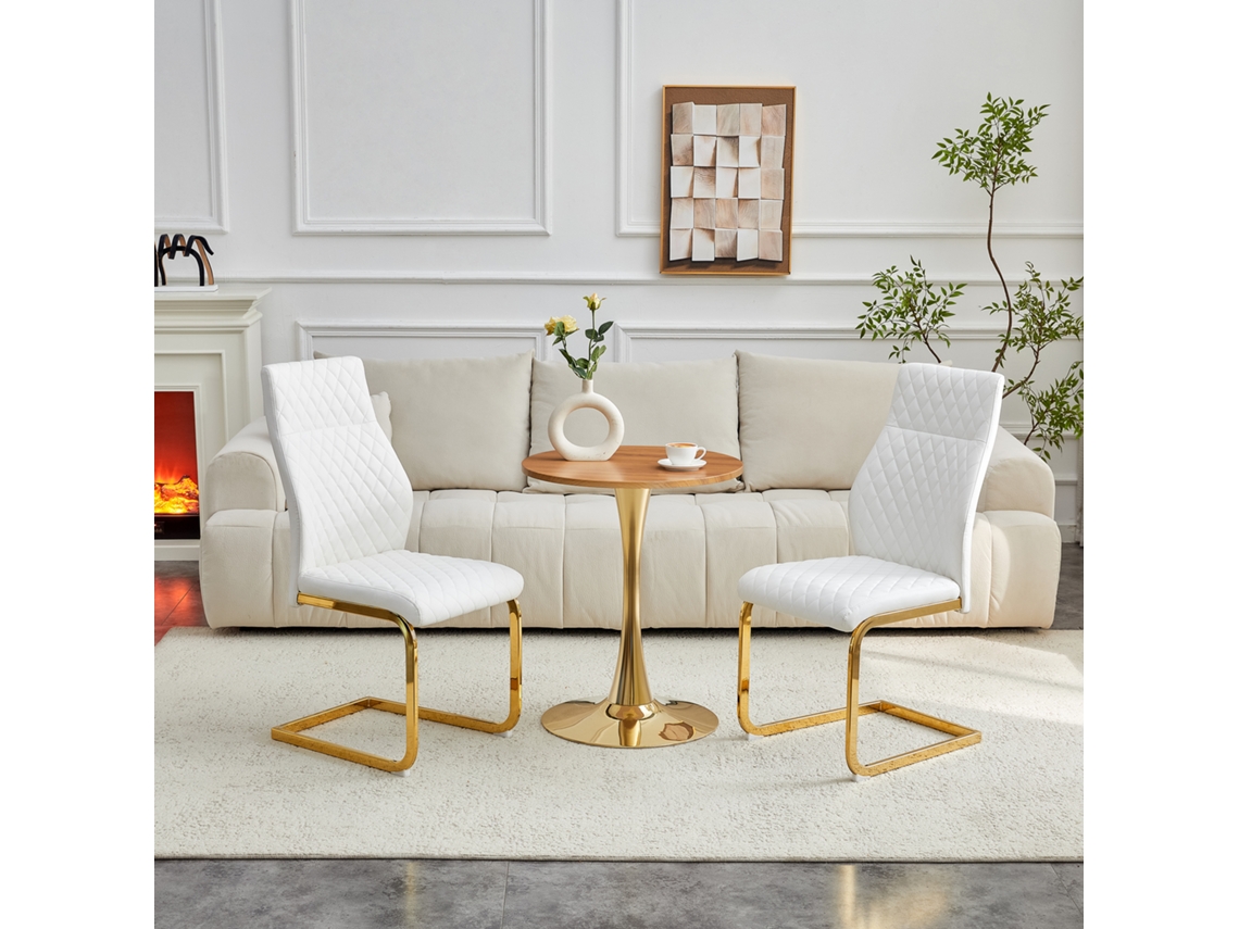 Juego De Mesa De Madera (60 Cm) Con Patas Doradas Y 2 Sillas Blancas Con Detalles De Diamantes Dorados.