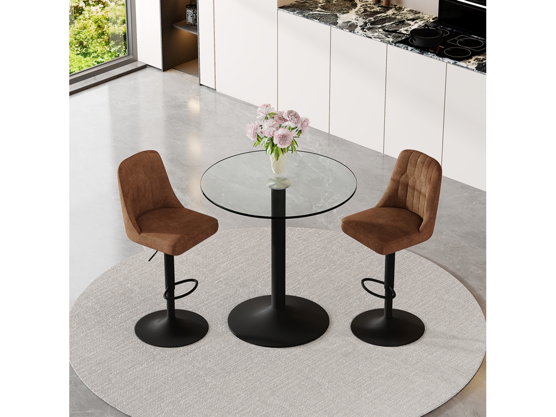 Set De Bar 89 Cm - Mesa De Vidrio Con 2 Taburetes Giratorios De Tela Tecnológica Marrón, Estructura Metálica Negra - Marrón+negro+transparente