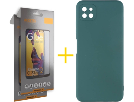 Carcasa y 2 Protectores de Pantalla de Vidrio Full Samsung A22 5G ACCETEL Silicona Líquida Verde