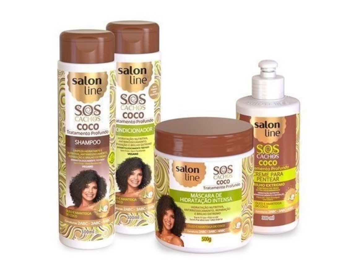 SOS Cachos Coco Kit Tratamiento Profundo Champú Acondicionador Mascarilla Crema para Peinar SALON LINE